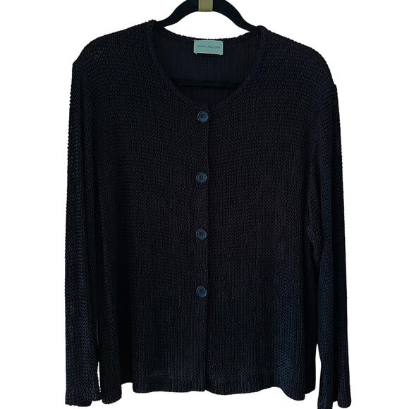 Vtg 90s Black Open Knit Button-up Cardigan Old Money Coastal Grandmother - Large - Picture 1 of 11